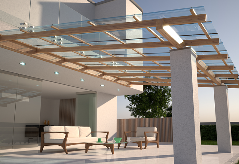 Modern patio covered with clear EZ Glaze roofing panels