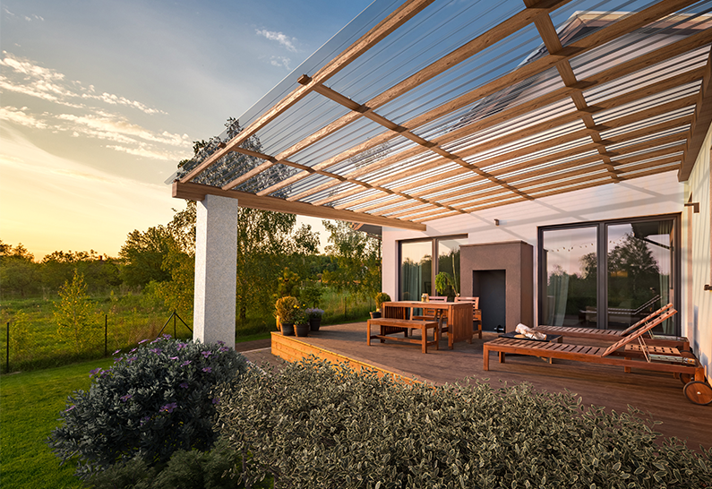 Elevated view of a patio covered with Suntuf BH roofing panels